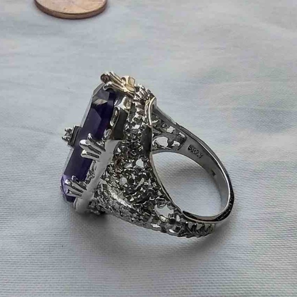 Large  Silver Tone Clear Purple Stone Ring with CZ Accent / Antique Reproduction - Picture 13 of 14
